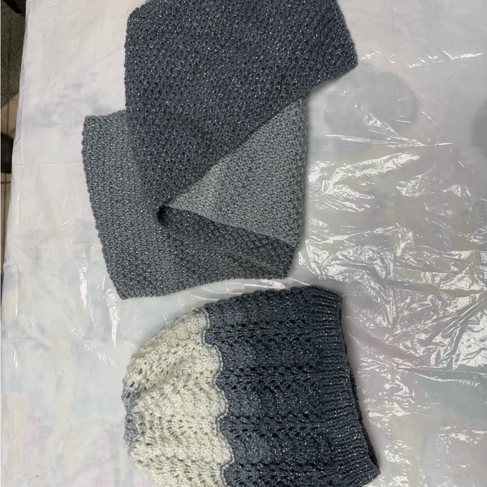 Home Made by my mom. 
Knitted Gray and White Scarf and Beanie Set